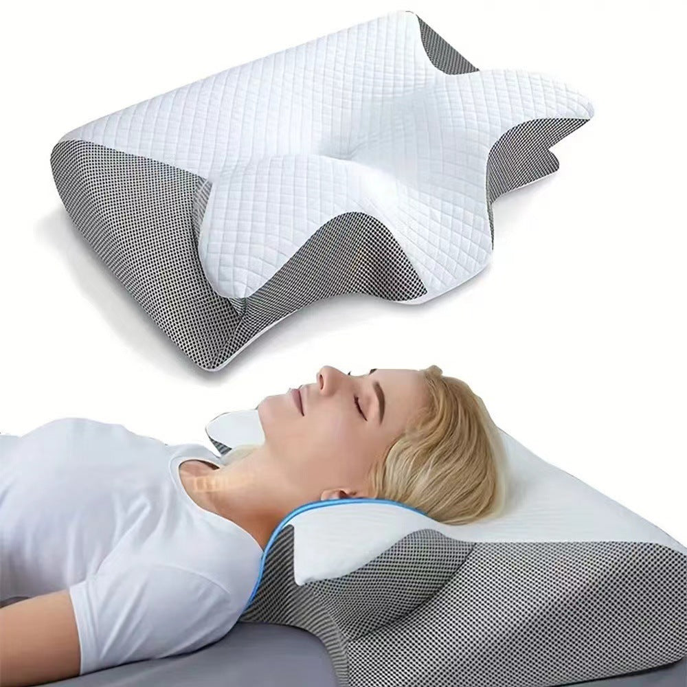 Ergonomic pillow with a person lying on it on a white background