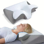 Ergonomic pillow with a person lying on it on a white background