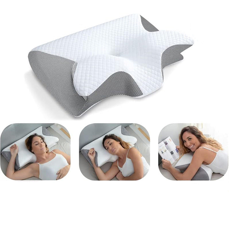 Ergonomic pillow shown with people using it.