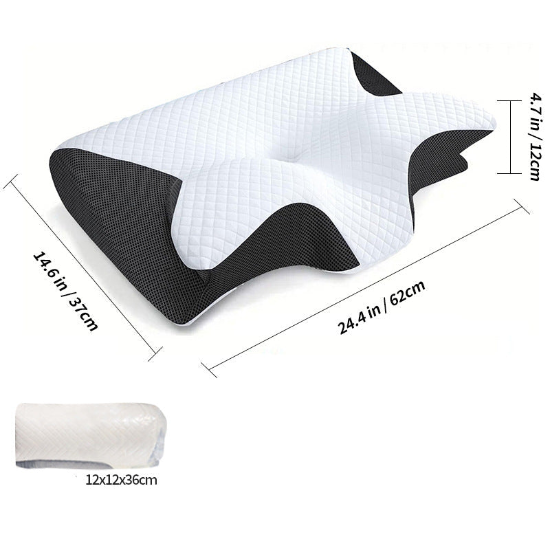 Cervical pillow with dimensions and product details on a white background