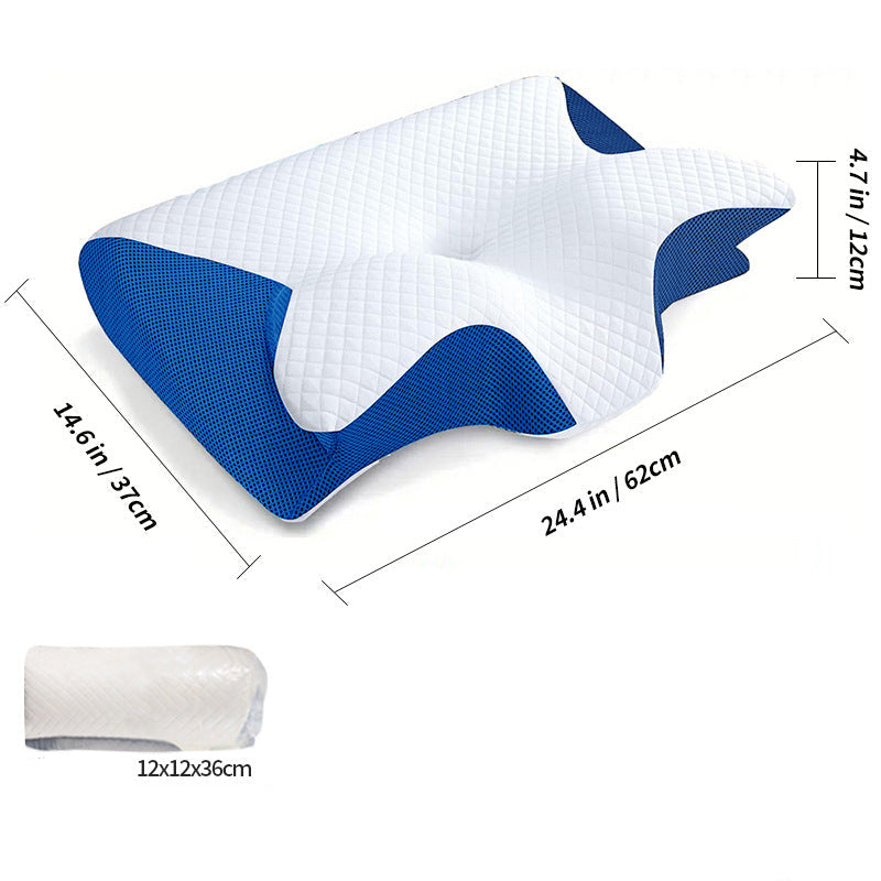 Blue and white pillow with dimensions and product details on a white background