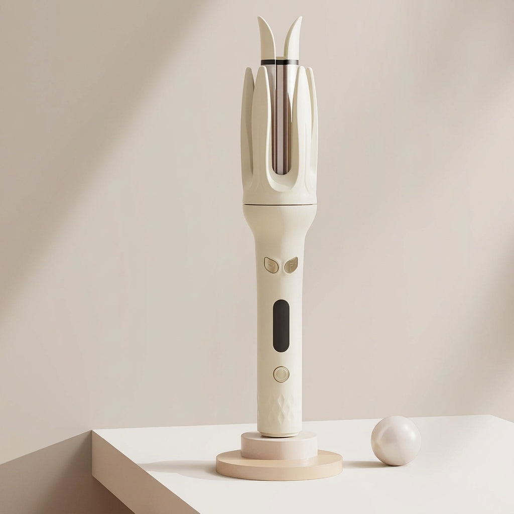 White hair straightening iron on a beige background.