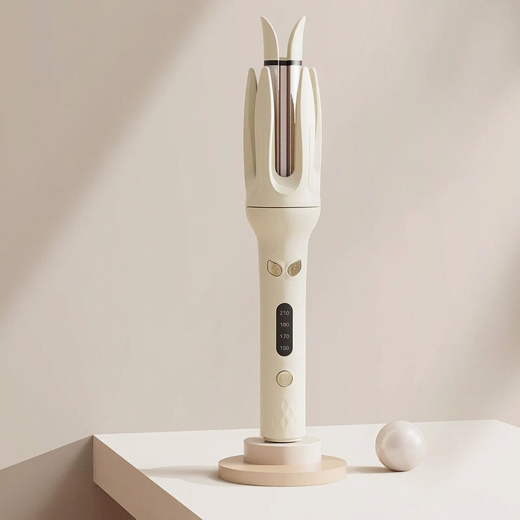 White hair straightening iron on a beige background.