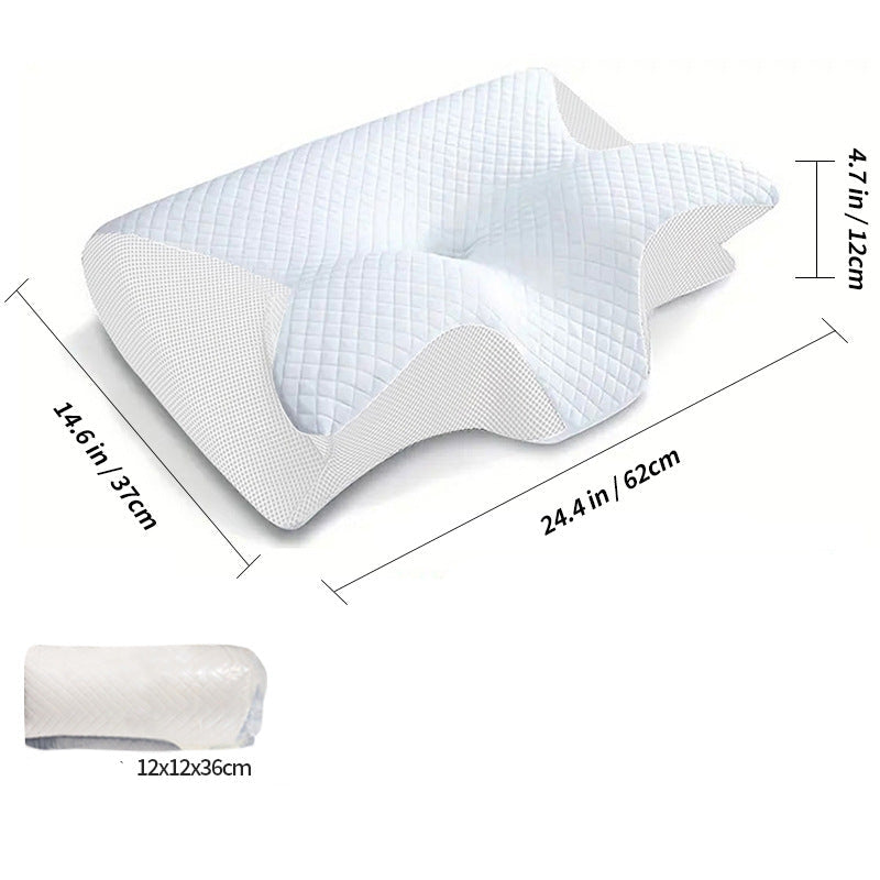 Crescent-shaped pillow with measurements.