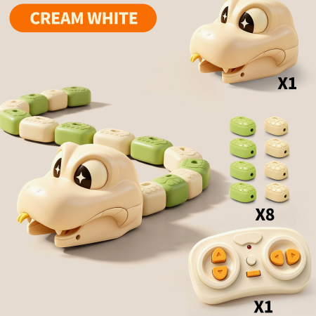 A toy snake game set shown on a light beige background, with the main cream-white snake head and body, green and cream segments, a cream-white remote control with orange buttons, and small accessory pieces. An orange label at the top reads 'CREAM WHITE' and quantity callouts 'X1', 'X8', and 'X1' appear beside the components.